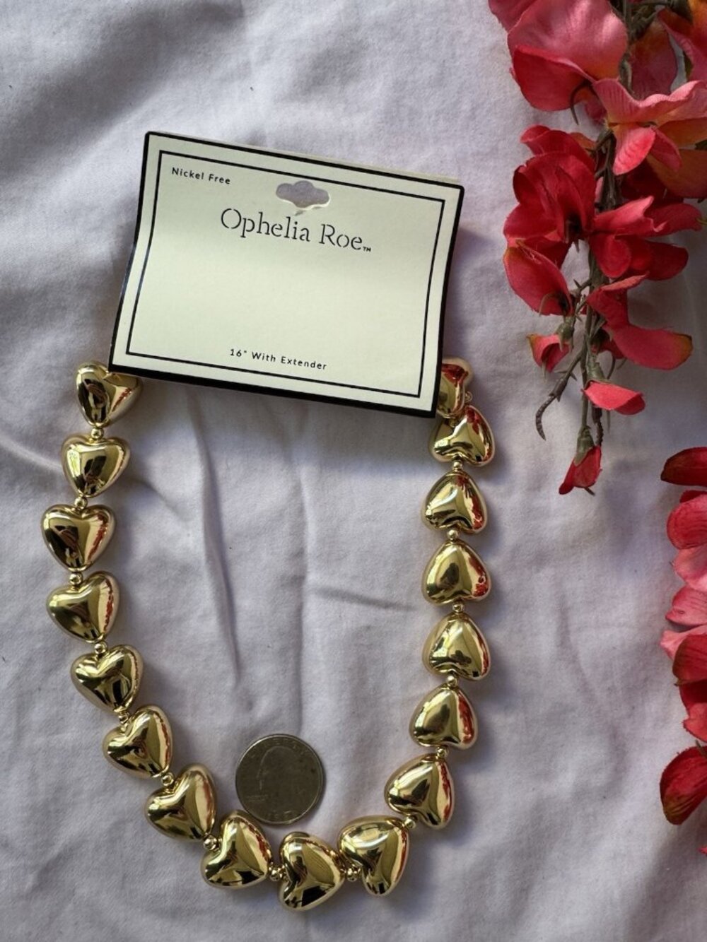 Ophelia Roe Nordstrom Shiny Gold Orb Chunky Hearts Puffy Bead Necklace 16" NEW